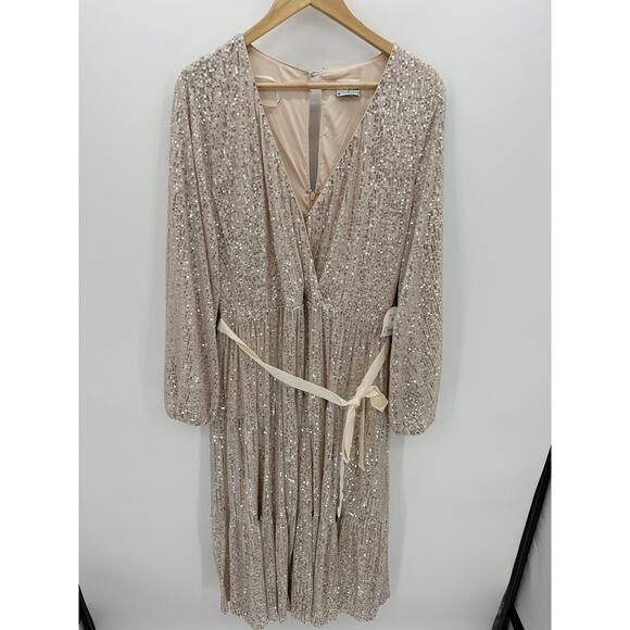 Arula Dress Women 2X Beige Sequin Shimmer Long Sleeve Maxi Gown Belt Long V Neck - Picture 1 of 11